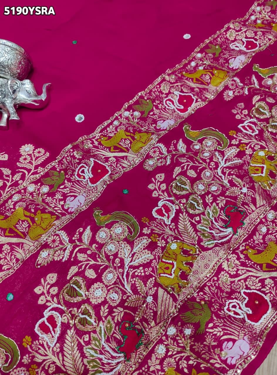 KcPc Designer Georgette Bandhani Saree with White Cutdana Beads Work