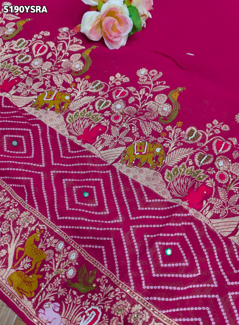KcPc Designer Georgette Bandhani Saree with White Cutdana Beads Work