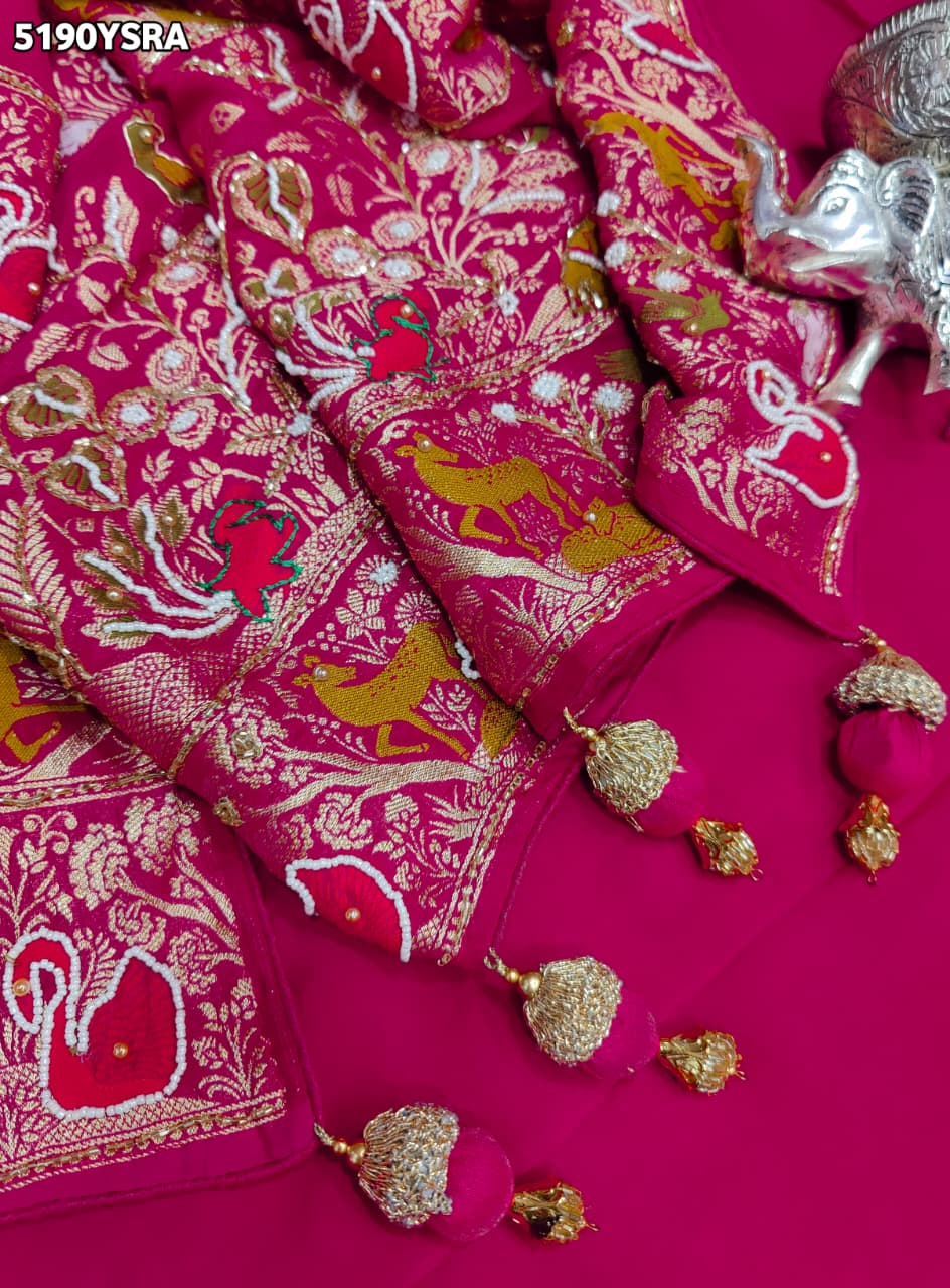 KcPc Designer Georgette Bandhani Saree with White Cutdana Beads Work
