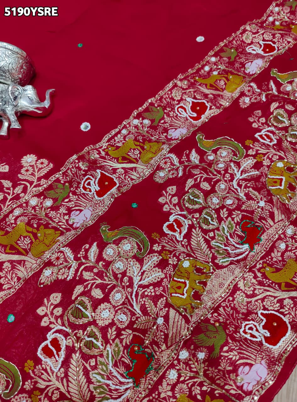 KcPc Georgette Bandhani Saree with Cutdana White Beads Work