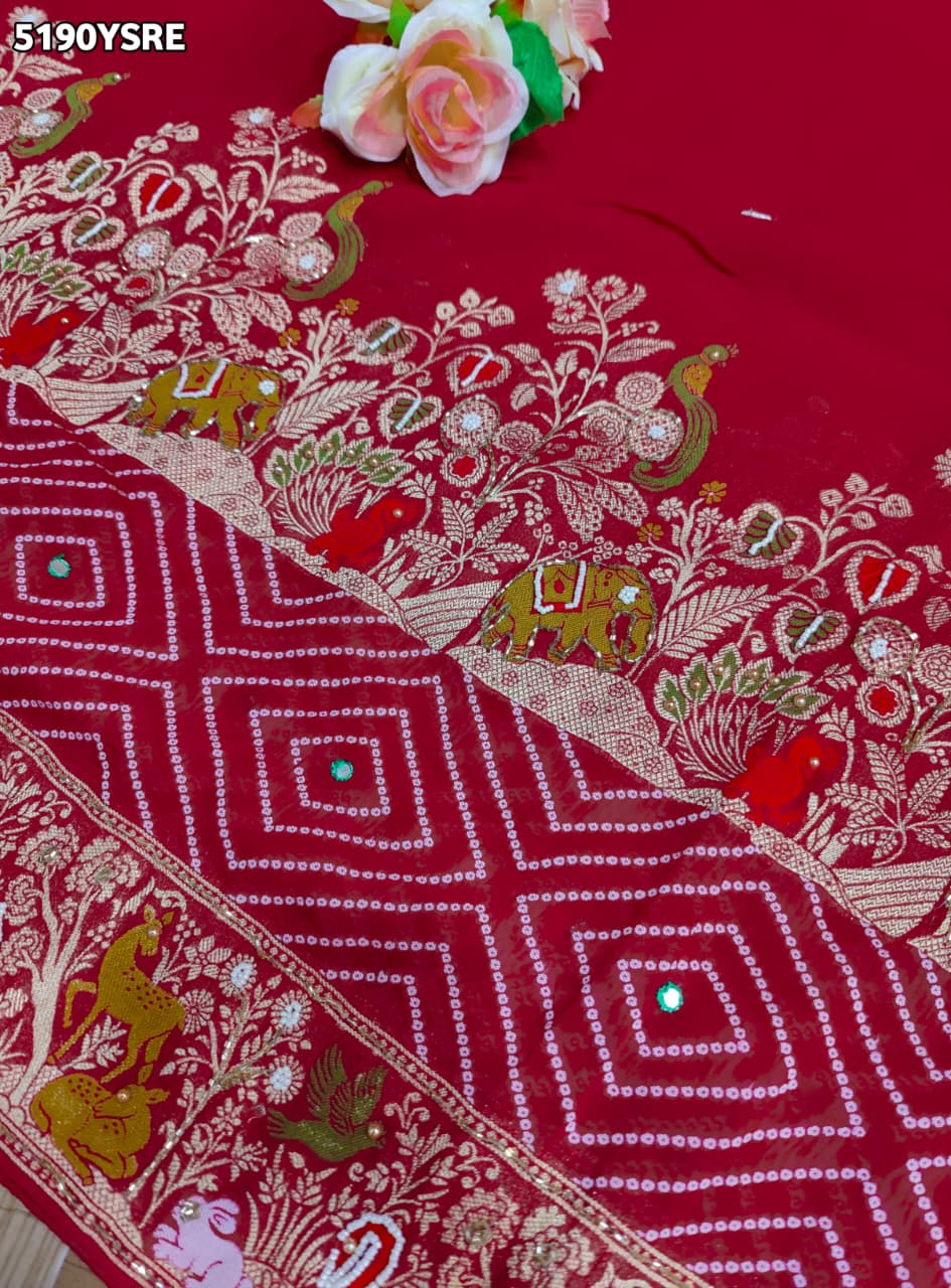 KcPc Georgette Bandhani Saree with Cutdana White Beads Work