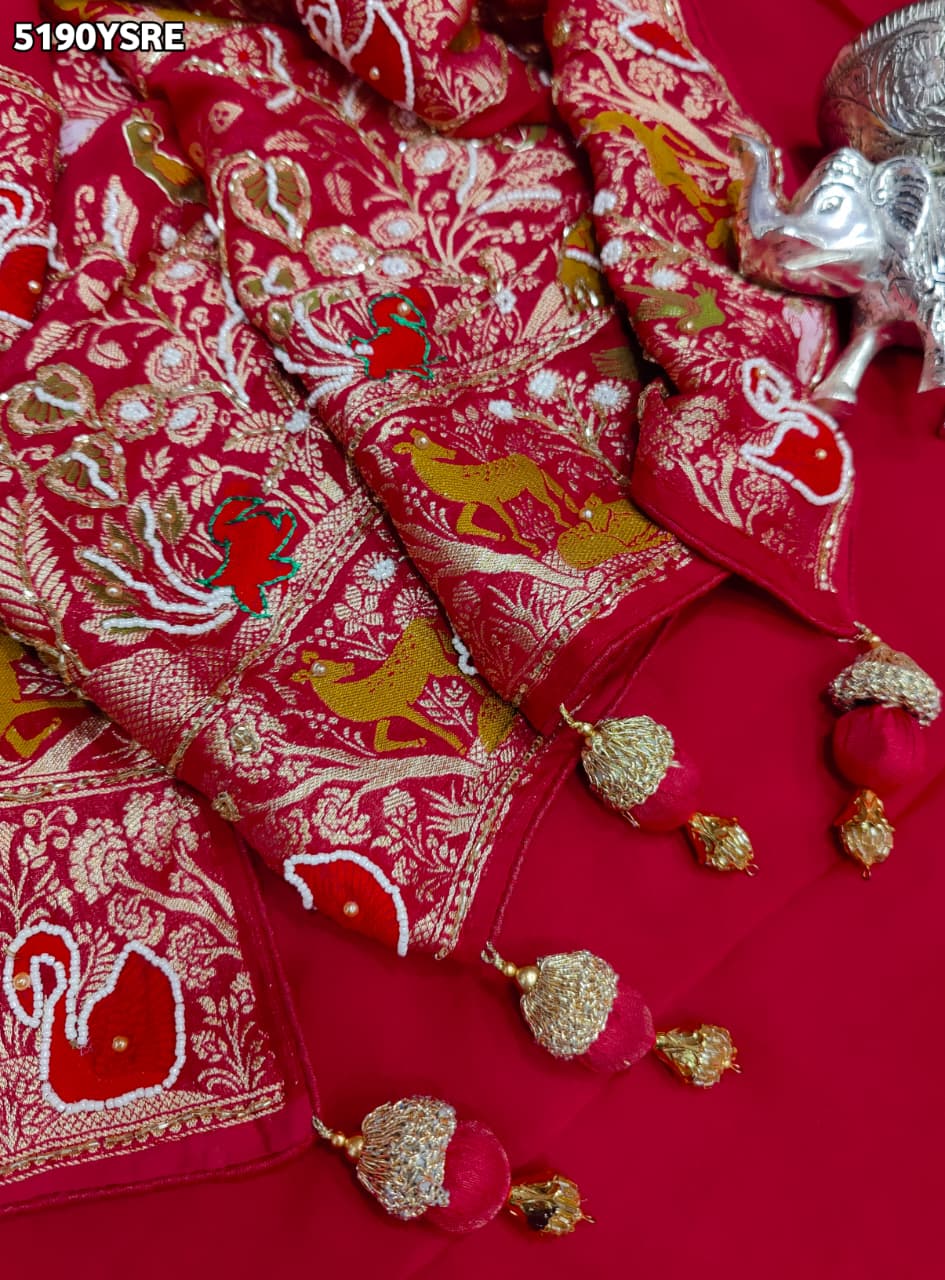 KcPc Georgette Bandhani Saree with Cutdana White Beads Work