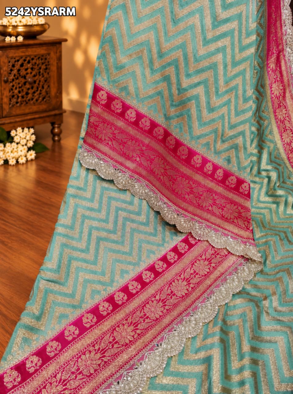 KcPc Banarasi Khaddi Georgette Designer Saree with Diamond Lace Work and Blouse for Festive Wear