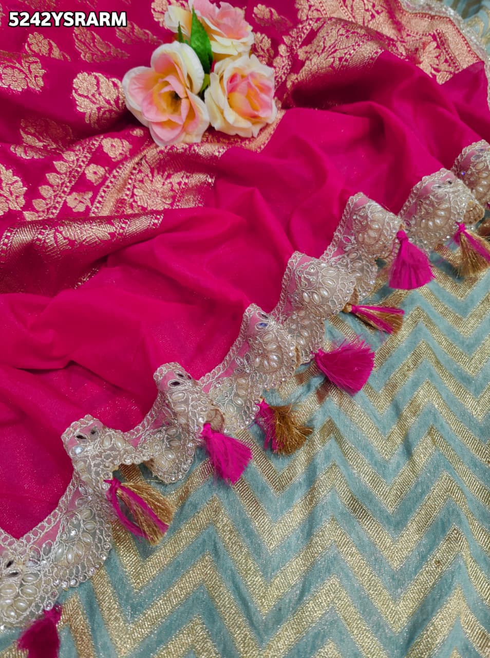 KcPc Banarasi Khaddi Georgette Designer Saree with Diamond Lace Work and Blouse for Festive Wear