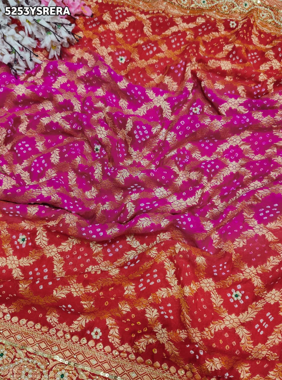 KcPc Khaddi Georgette Bandhani Style Saree with Traditional Zardosi Work and Blouse for Festive Wear