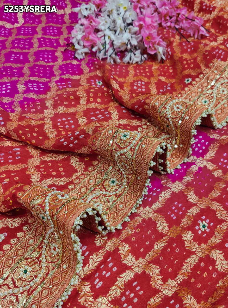 KcPc Khaddi Georgette Bandhani Style Saree with Traditional Zardosi Work and Blouse for Festive Wear