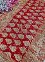 KcPc Khaddi Georgette Bandhani Style Saree with Traditional Zardosi Work and Blouse for Festive Wear