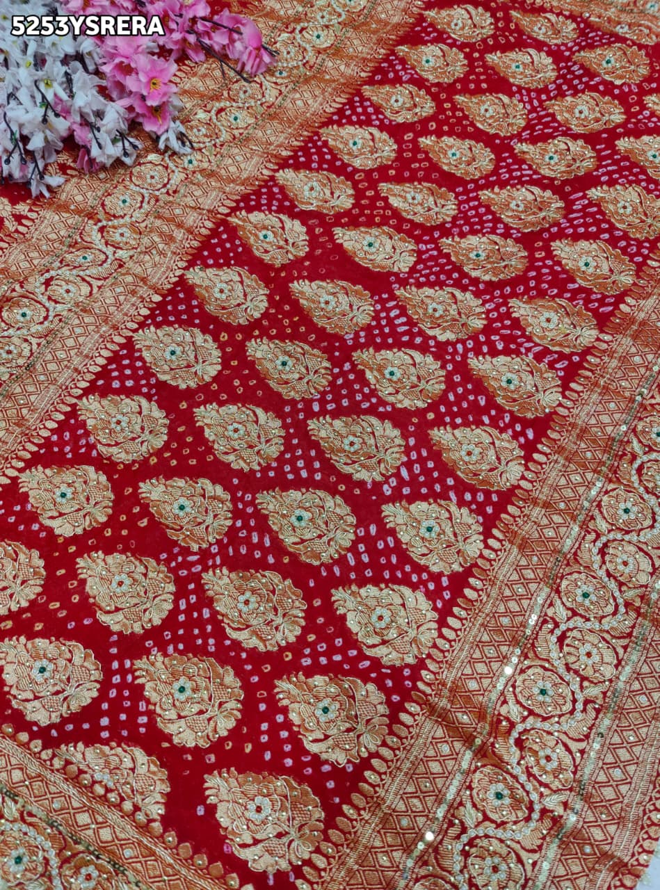 KcPc Khaddi Georgette Bandhani Style Saree with Traditional Zardosi Work and Blouse for Festive Wear