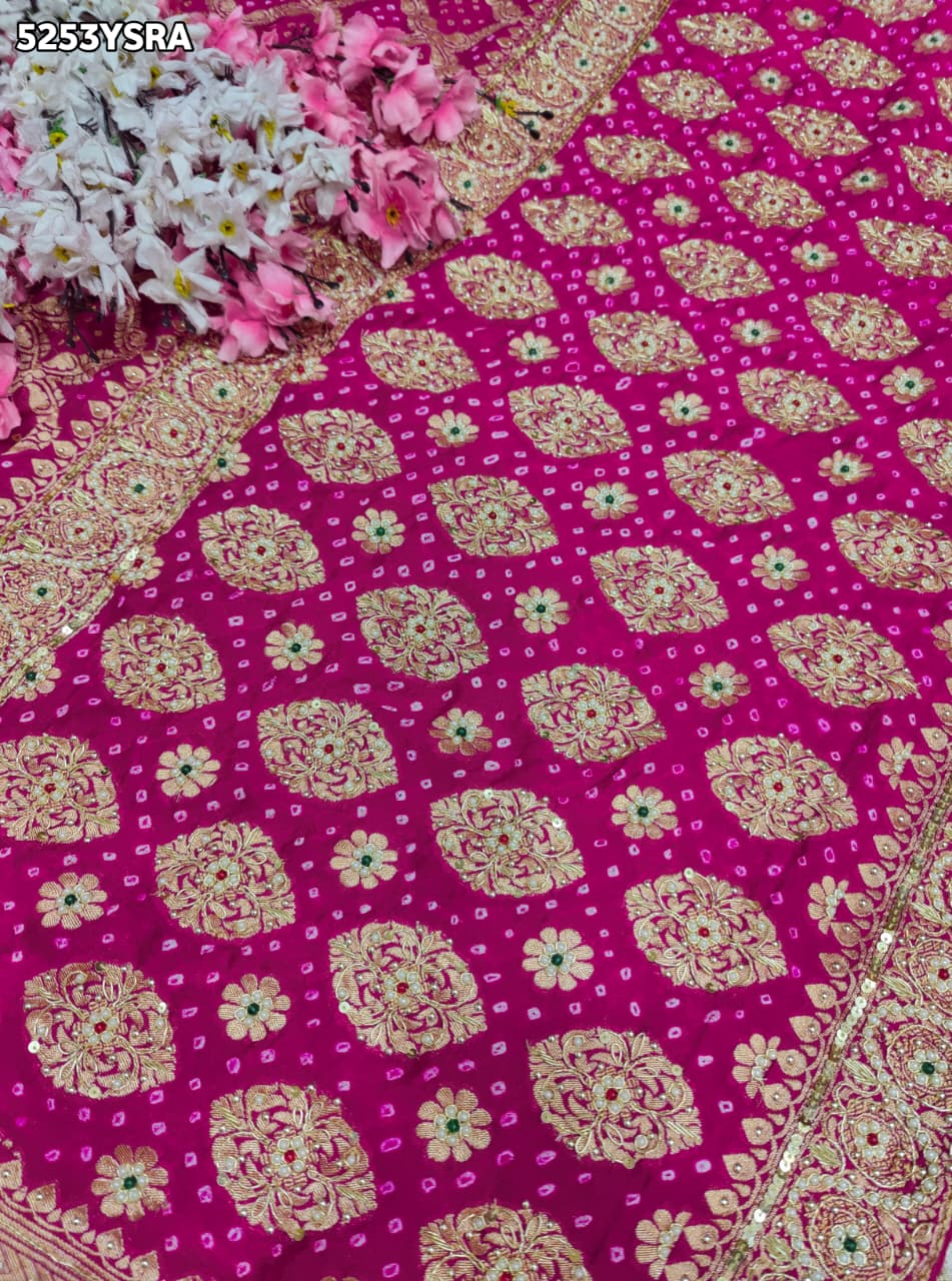 KcPc Khaddi Georgette Bandhani Style Saree with Traditional Zardosi Work for Festive Wear