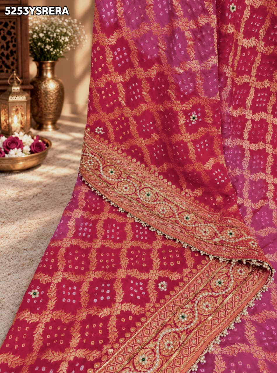 KcPc Khaddi Georgette Bandhani Style Saree with Traditional Zardosi Work and Blouse for Festive Wear
