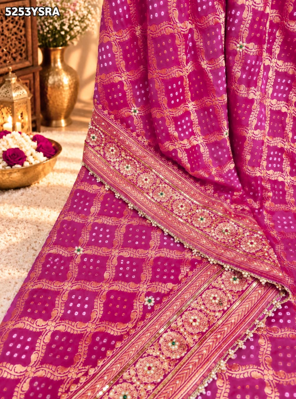 KcPc Khaddi Georgette Bandhani Style Saree with Traditional Zardosi Work for Festive Wear