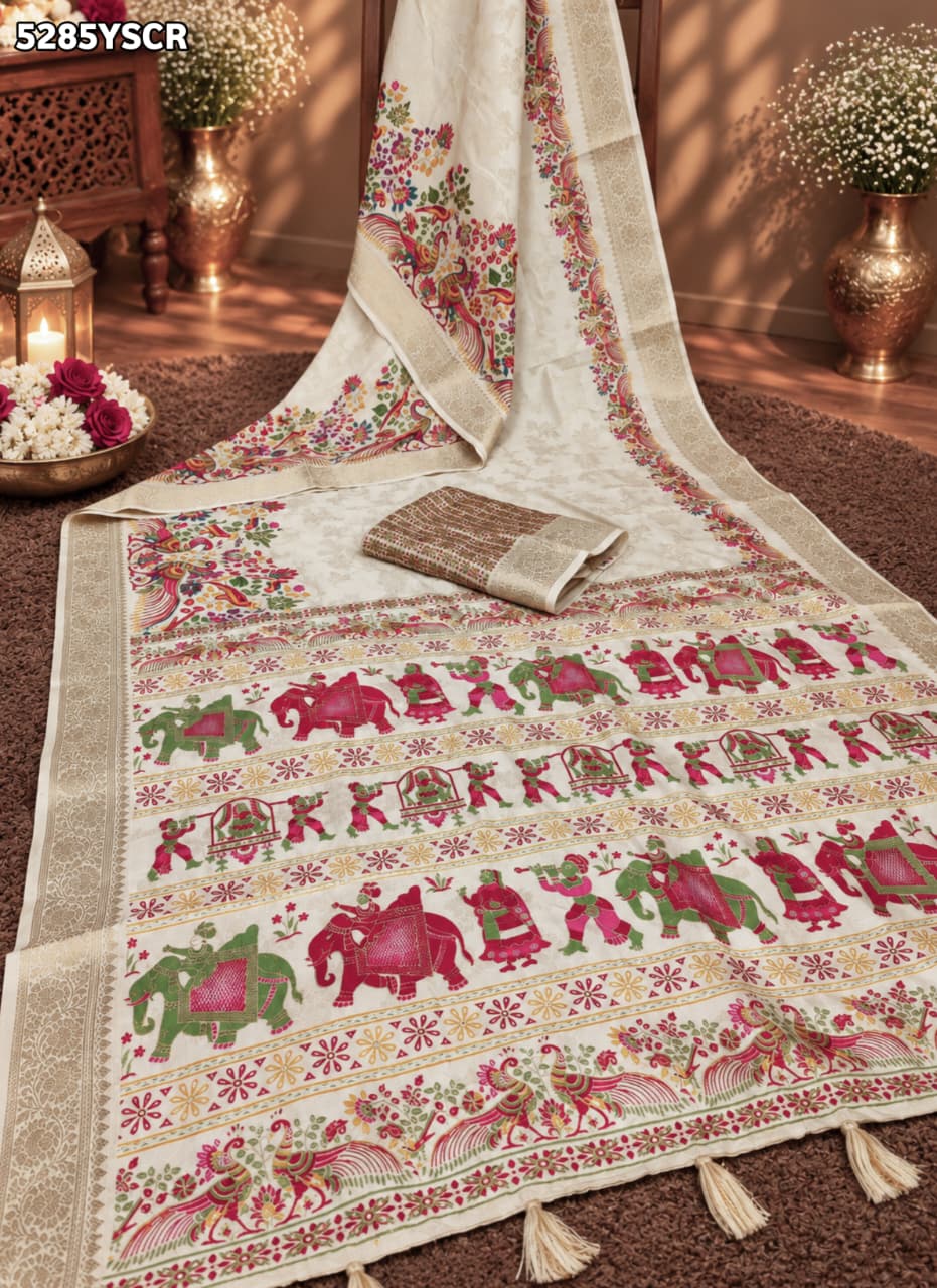 KcPc Banarasi Silk Kalamkari Style Saree with Traditional Zari Weaving for Festive Wear SON