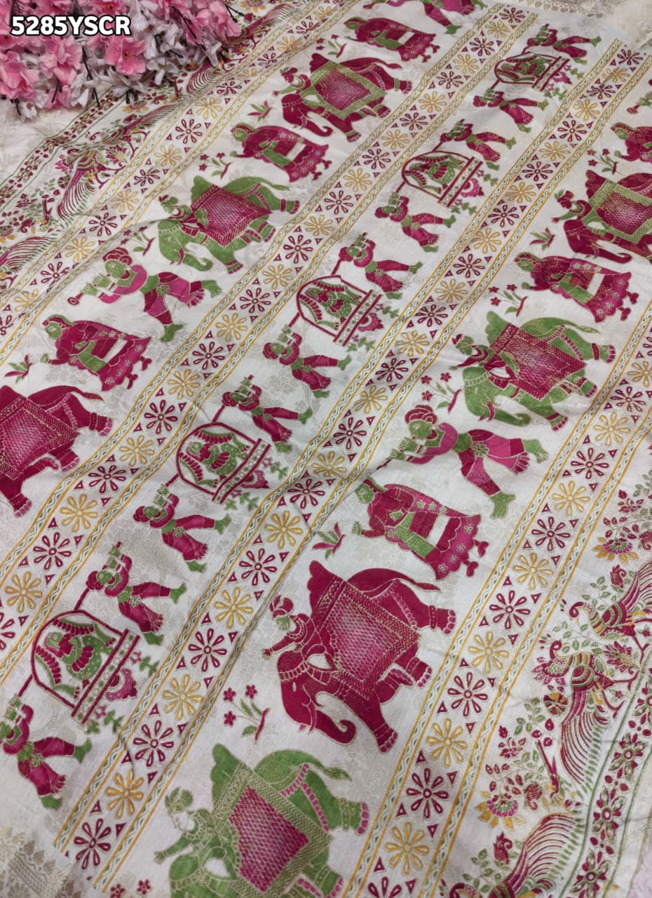 KcPc Banarasi Silk Kalamkari Style Saree with Traditional Zari Weaving for Festive Wear SON