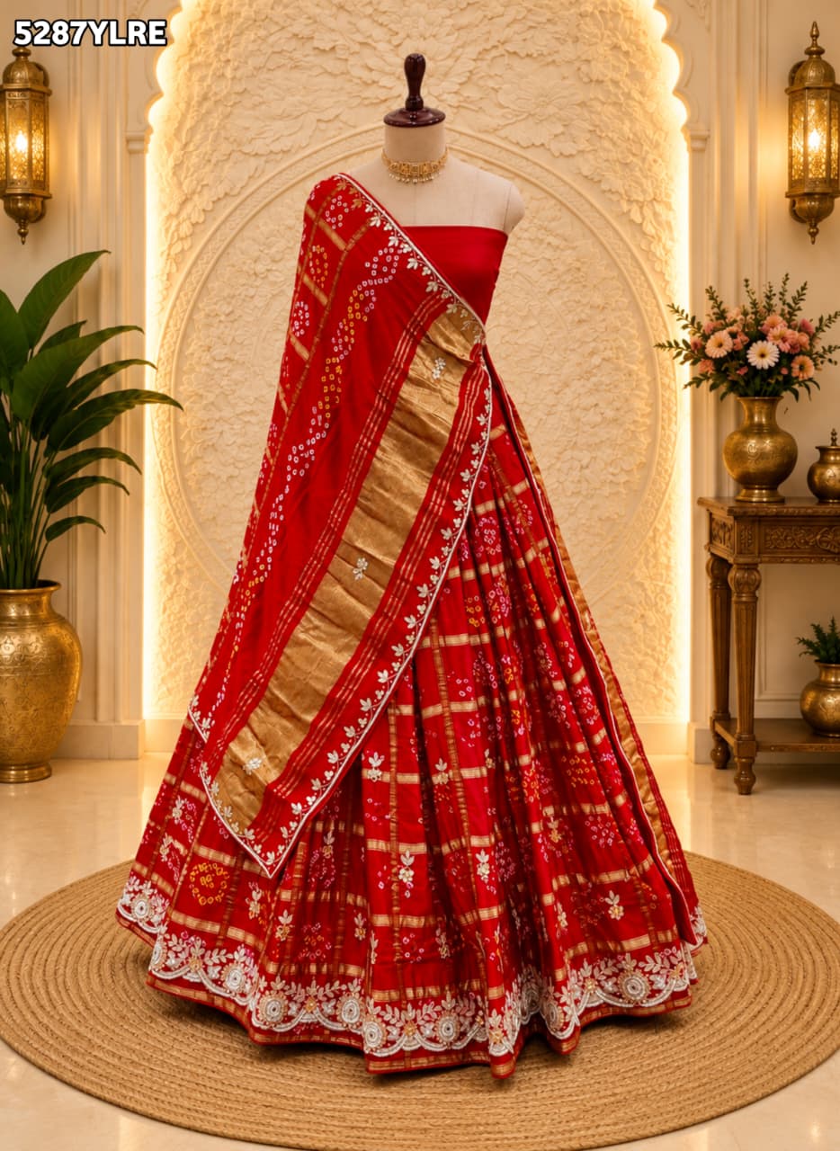KcPC Designer Semi Gaji Silk Bandhani Lehenga with Cutdana Gotapatti Work