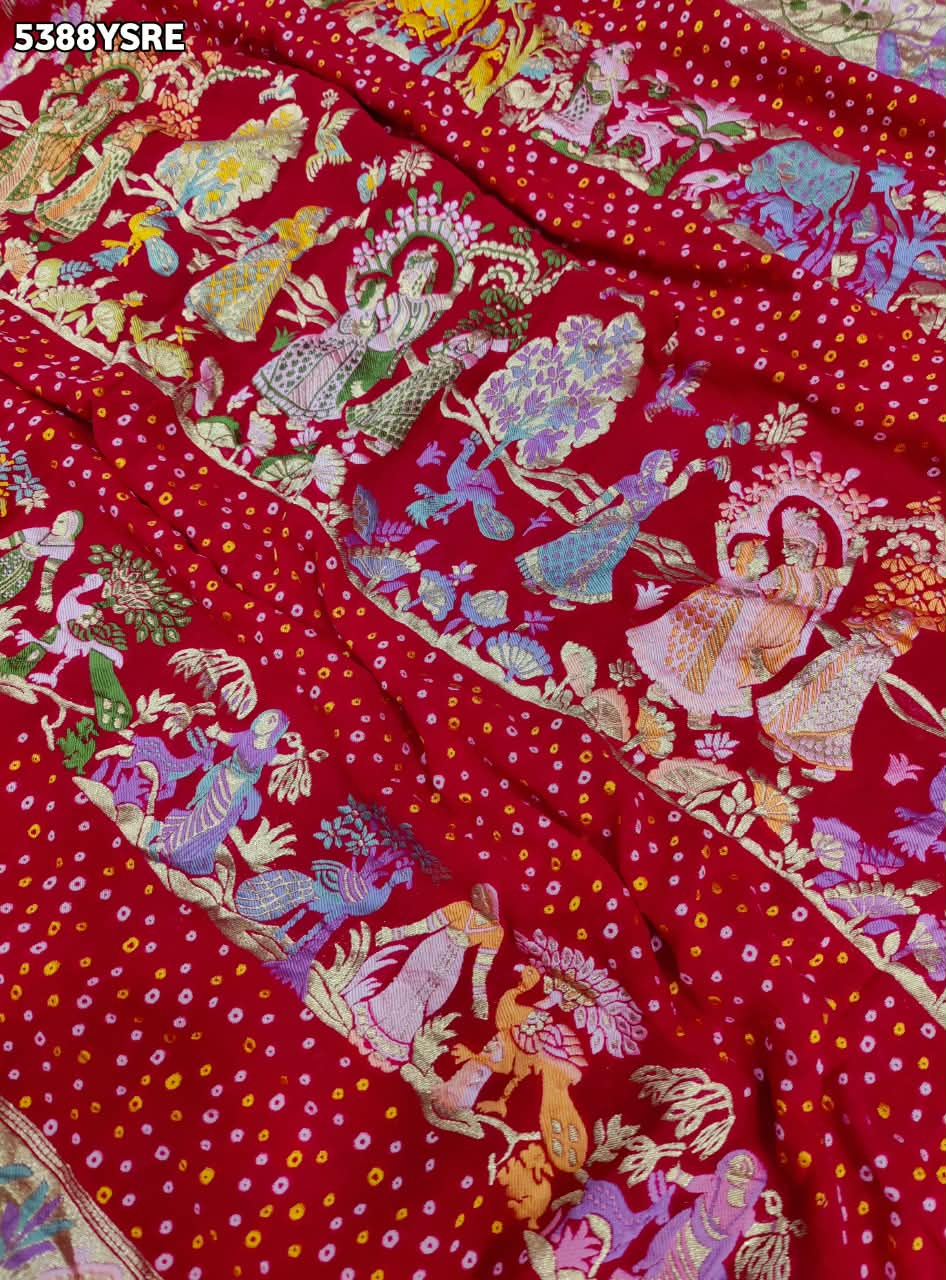 KcPc Georgette Bandhani Kalamkari Style with Traditional Zari WeavingSaree