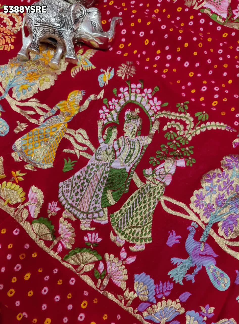 KcPc Georgette Bandhani Kalamkari Style with Traditional Zari WeavingSaree