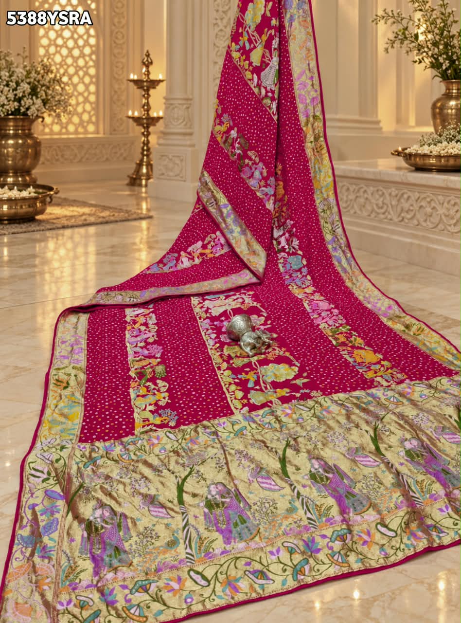 KcPc New Georgette Bandhani Kalamkari Style with Traditional Zari WeavingSaree