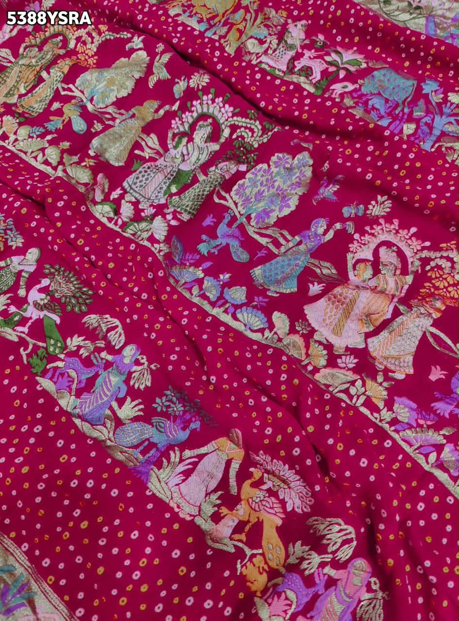 KcPc New Georgette Bandhani Kalamkari Style with Traditional Zari WeavingSaree