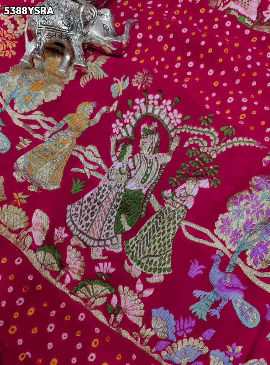 KcPc New Georgette Bandhani Kalamkari Style with Traditional Zari WeavingSaree