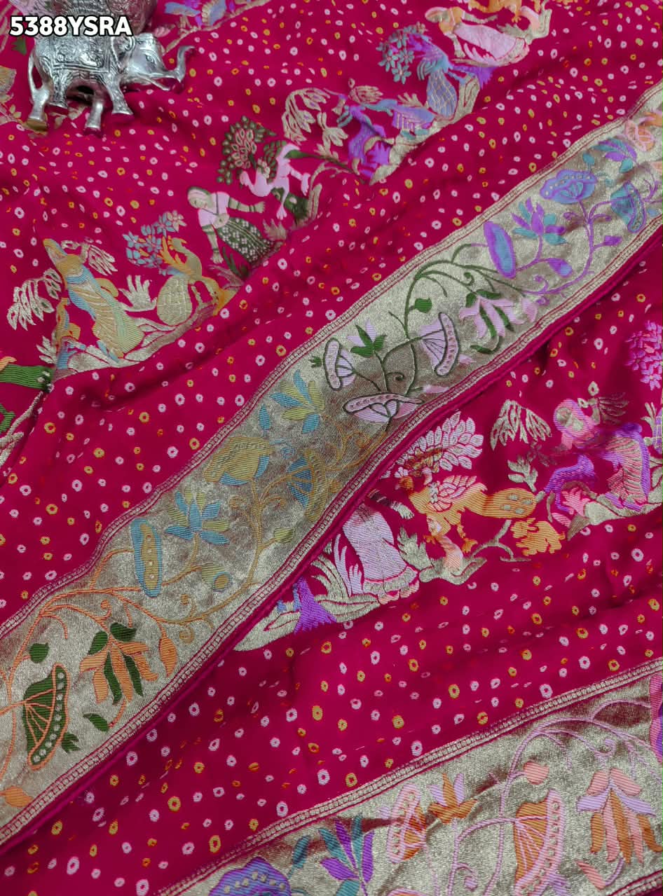 KcPc New Georgette Bandhani Kalamkari Style with Traditional Zari WeavingSaree