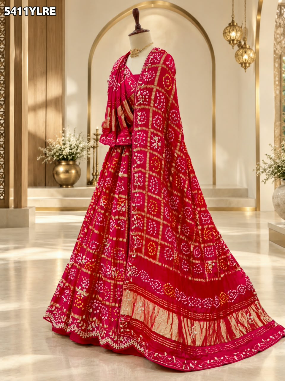 KcPc New Gaji Silk Bandhani Lehenga with Traditional Cutdana Gotapatti Work