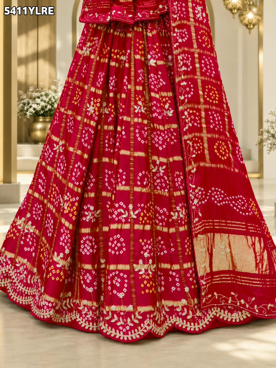 KcPc New Gaji Silk Bandhani Lehenga with Traditional Cutdana Gotapatti Work