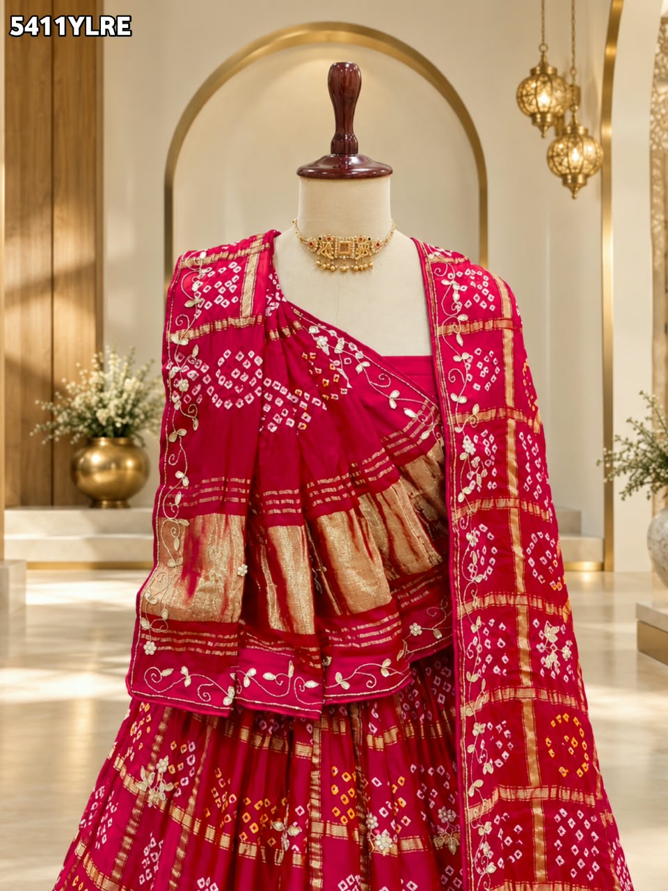 KcPc New Gaji Silk Bandhani Lehenga with Traditional Cutdana Gotapatti Work