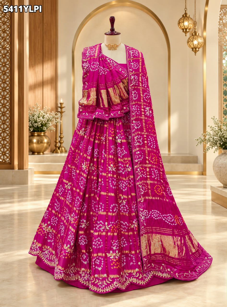KcPc Gaji Silk Bandhani Lehenga with Traditional Cutdana Gotapatti Work
