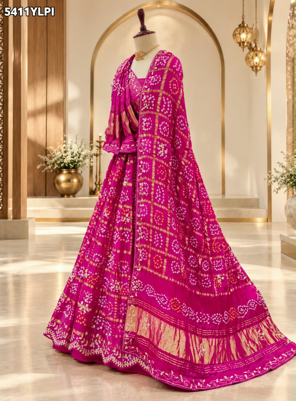 KcPc Gaji Silk Bandhani Lehenga with Traditional Cutdana Gotapatti Work