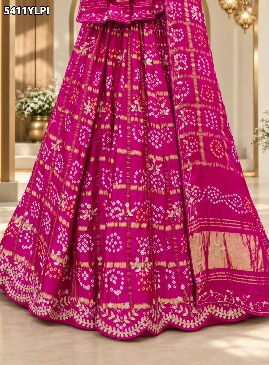 KcPc Gaji Silk Bandhani Lehenga with Traditional Cutdana Gotapatti Work