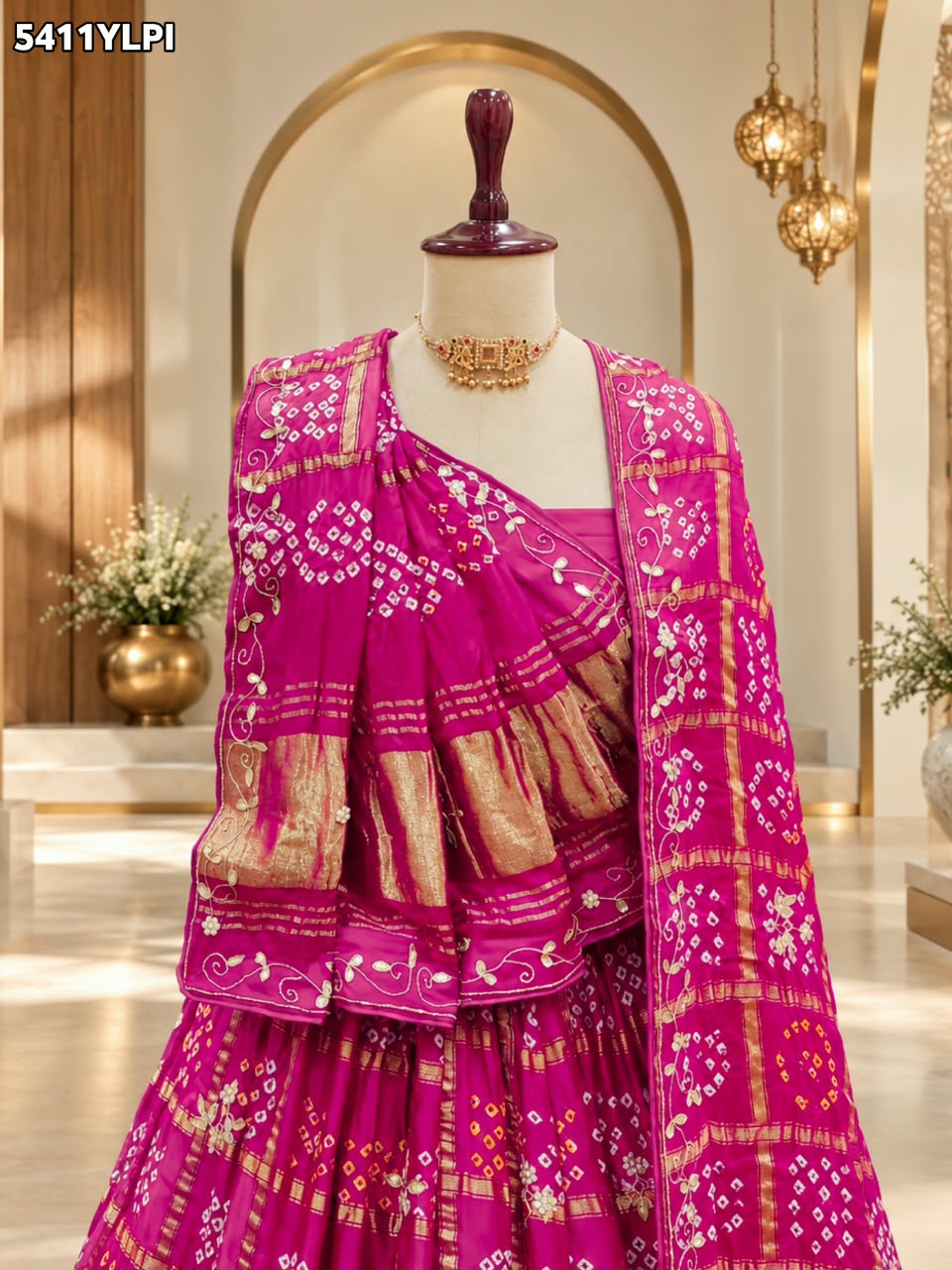 KcPc Gaji Silk Bandhani Lehenga with Traditional Cutdana Gotapatti Work