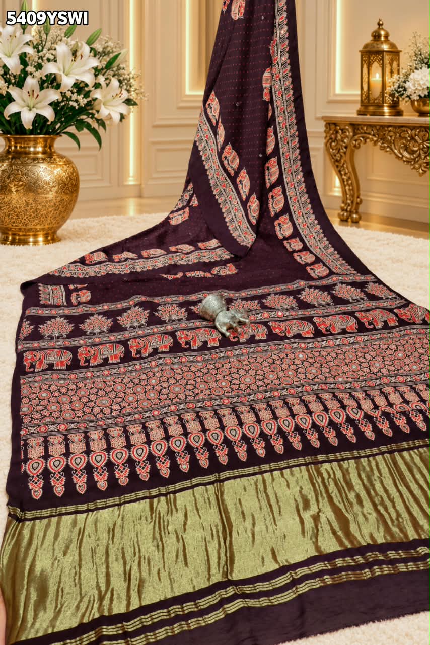 KcPc New Gaji Silk Ajrakh Style with Traditional Mirror Work Saree