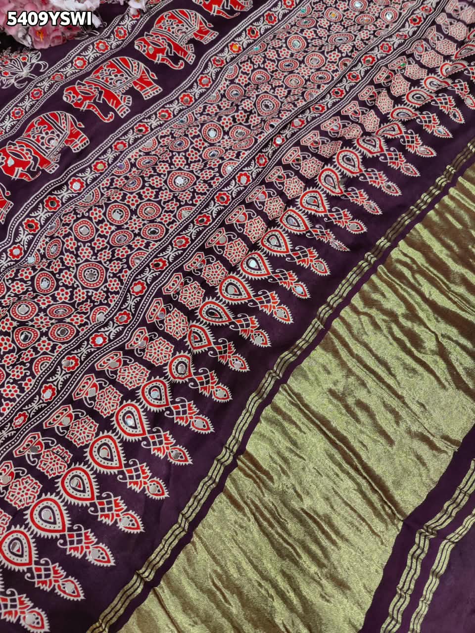 KcPc New Gaji Silk Ajrakh Style with Traditional Mirror Work Saree