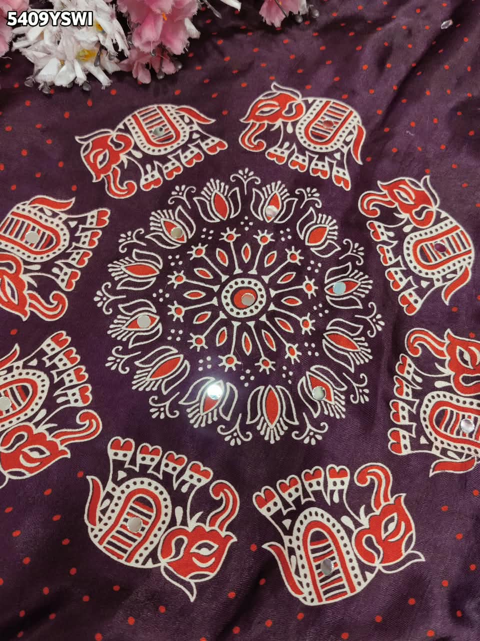 KcPc New Gaji Silk Ajrakh Style with Traditional Mirror Work Saree