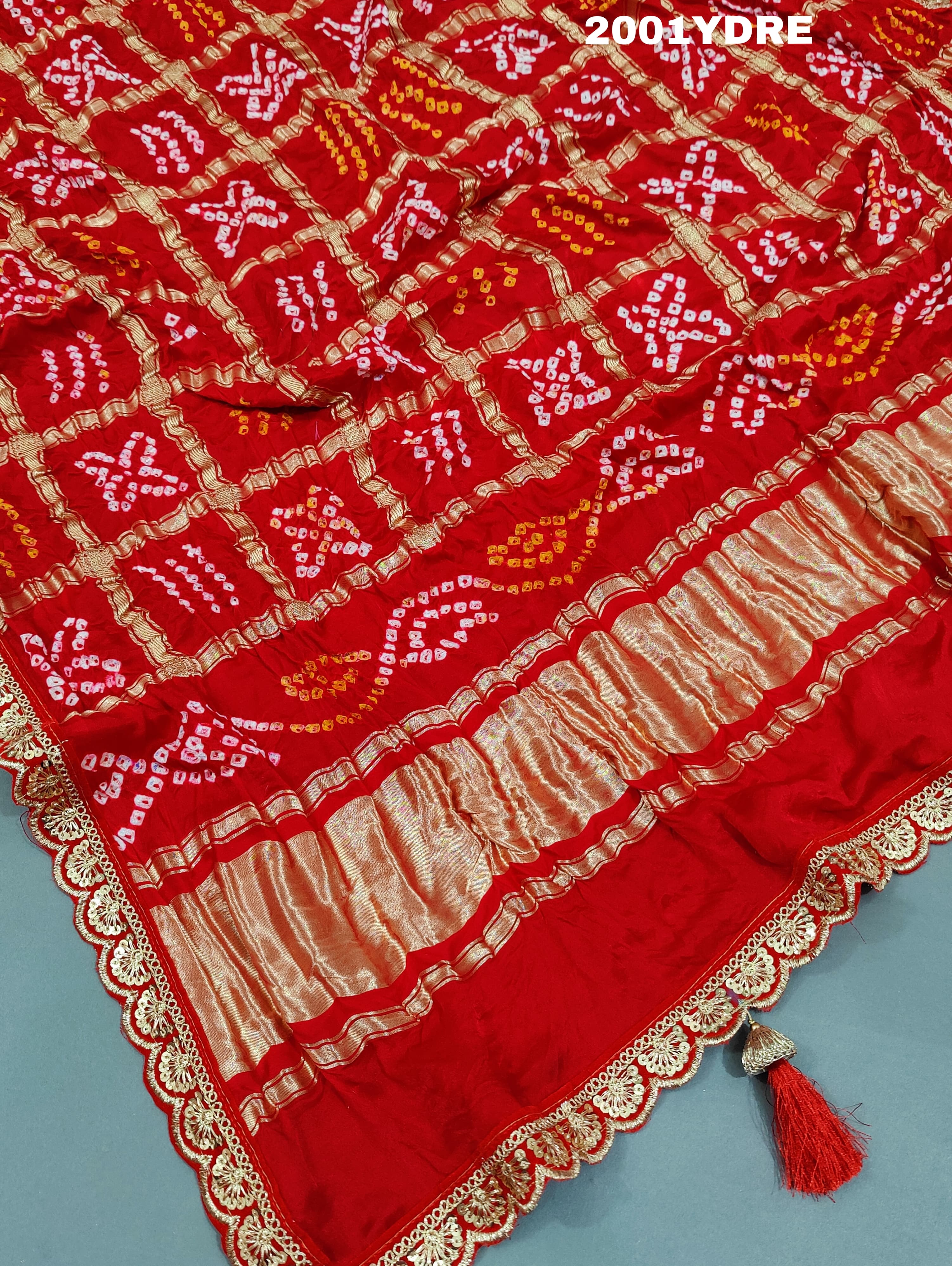 by red and silver bandhani silk dupatta kcpc