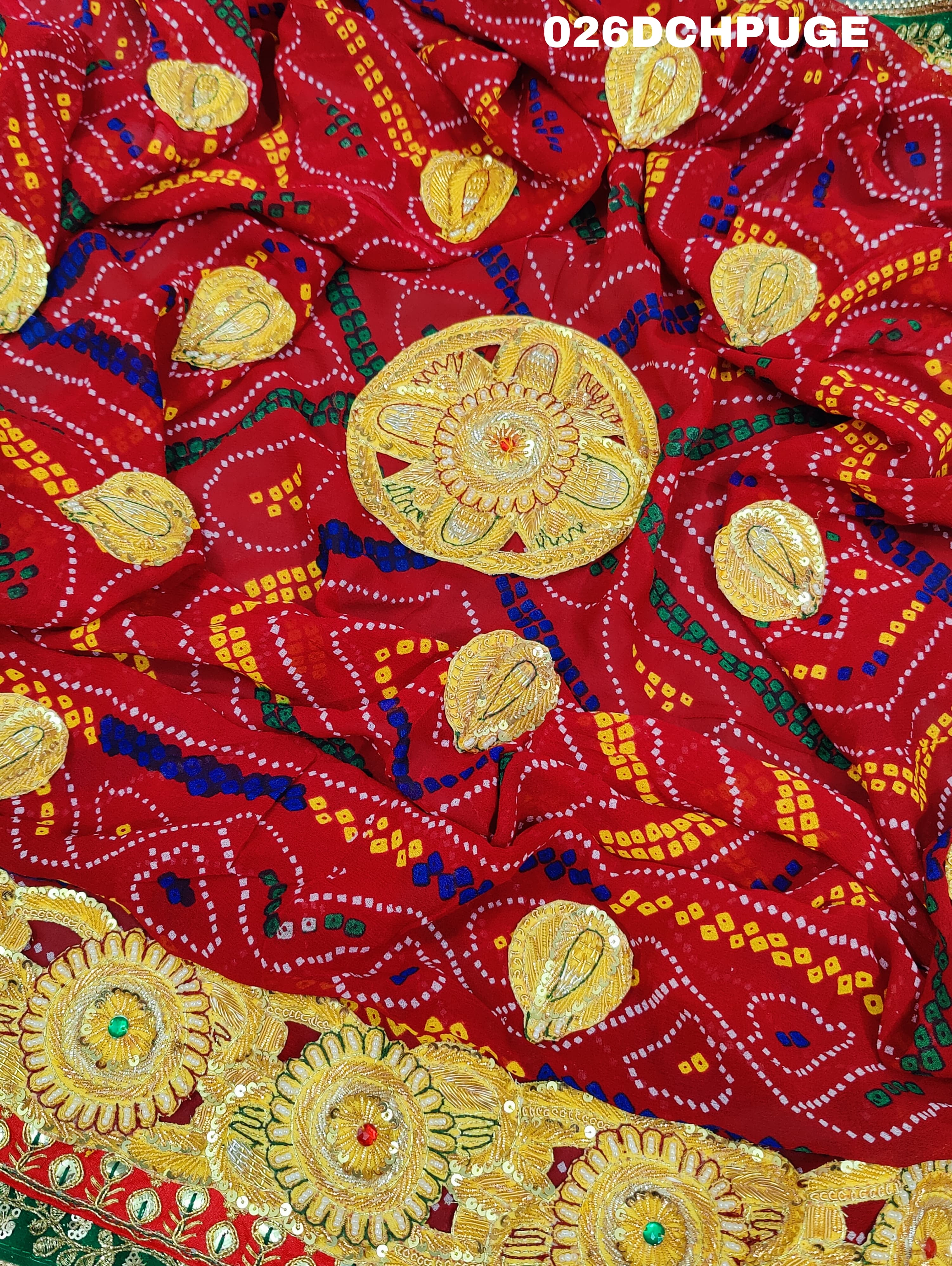 KcPc Marriage Purpose Chunri Pilia Dupatta 1.5 pat Traditional Chakra Belbuti Chunri (Pure Georgette Fabric)