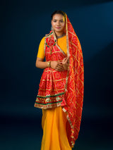 Atraditional Rajasthani Marwadi chunri pila with red and yellow colors, featuring heavy embellishments and a yellow border.