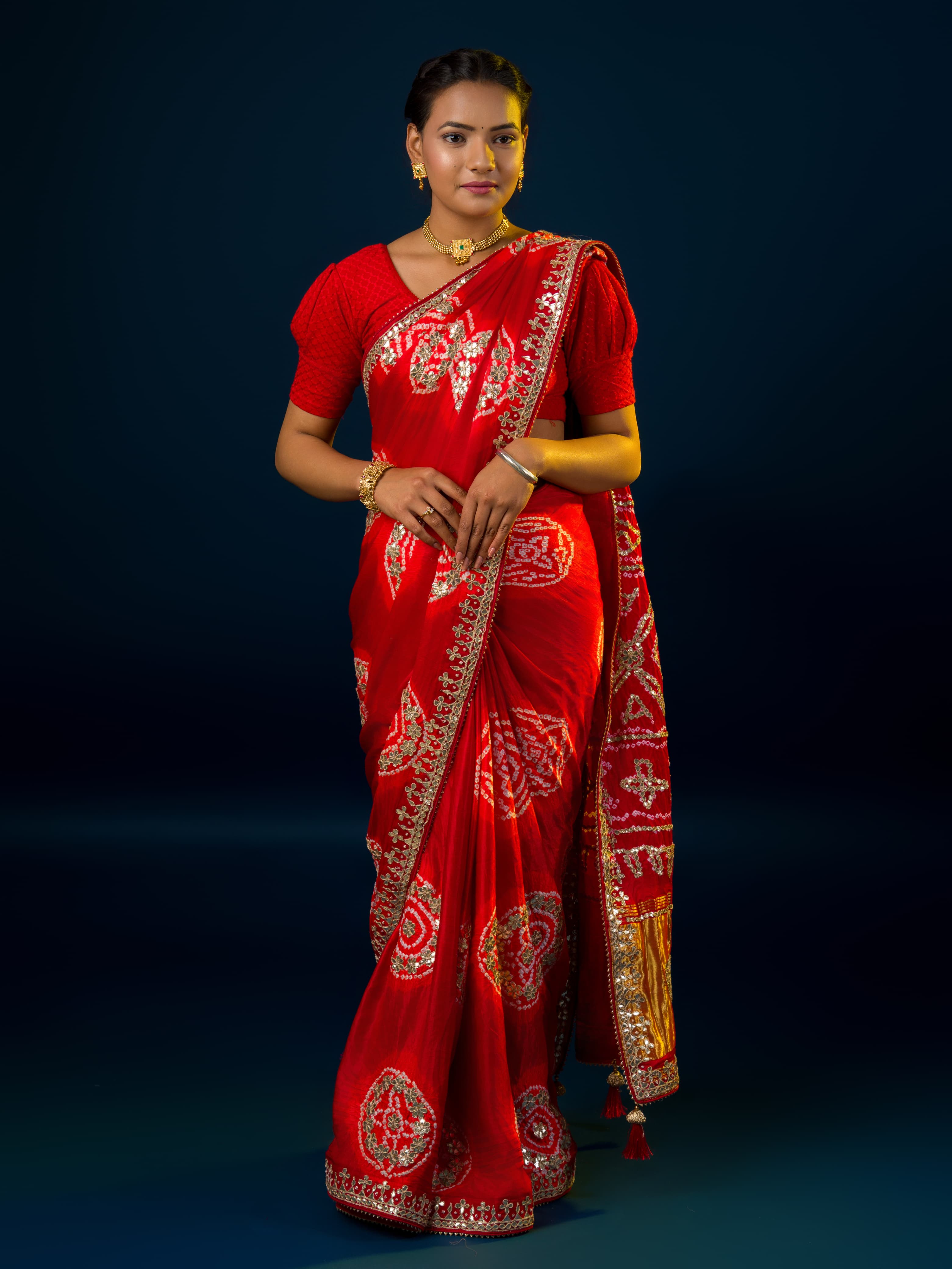 Ared and gold Bandhani saree