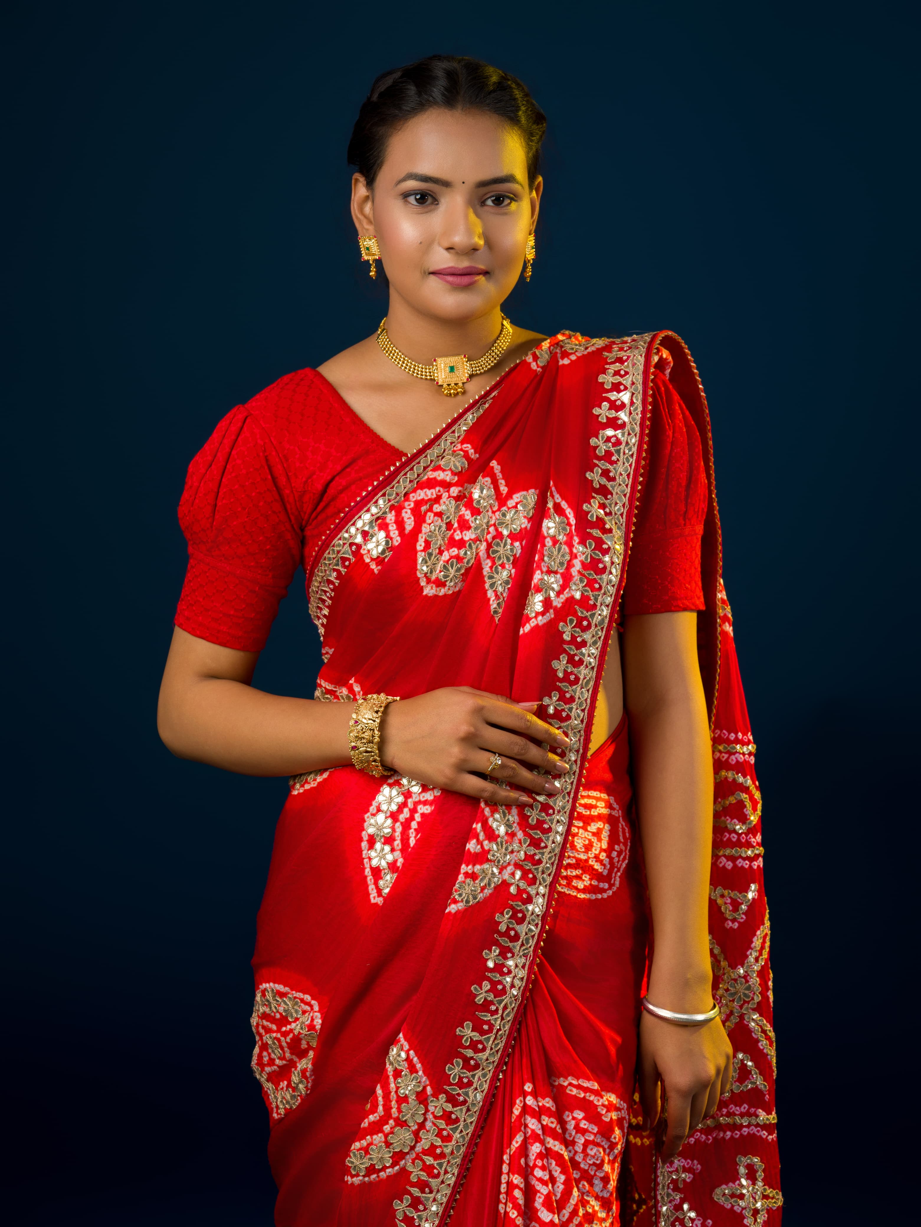 Ared and gold Bandhani saree