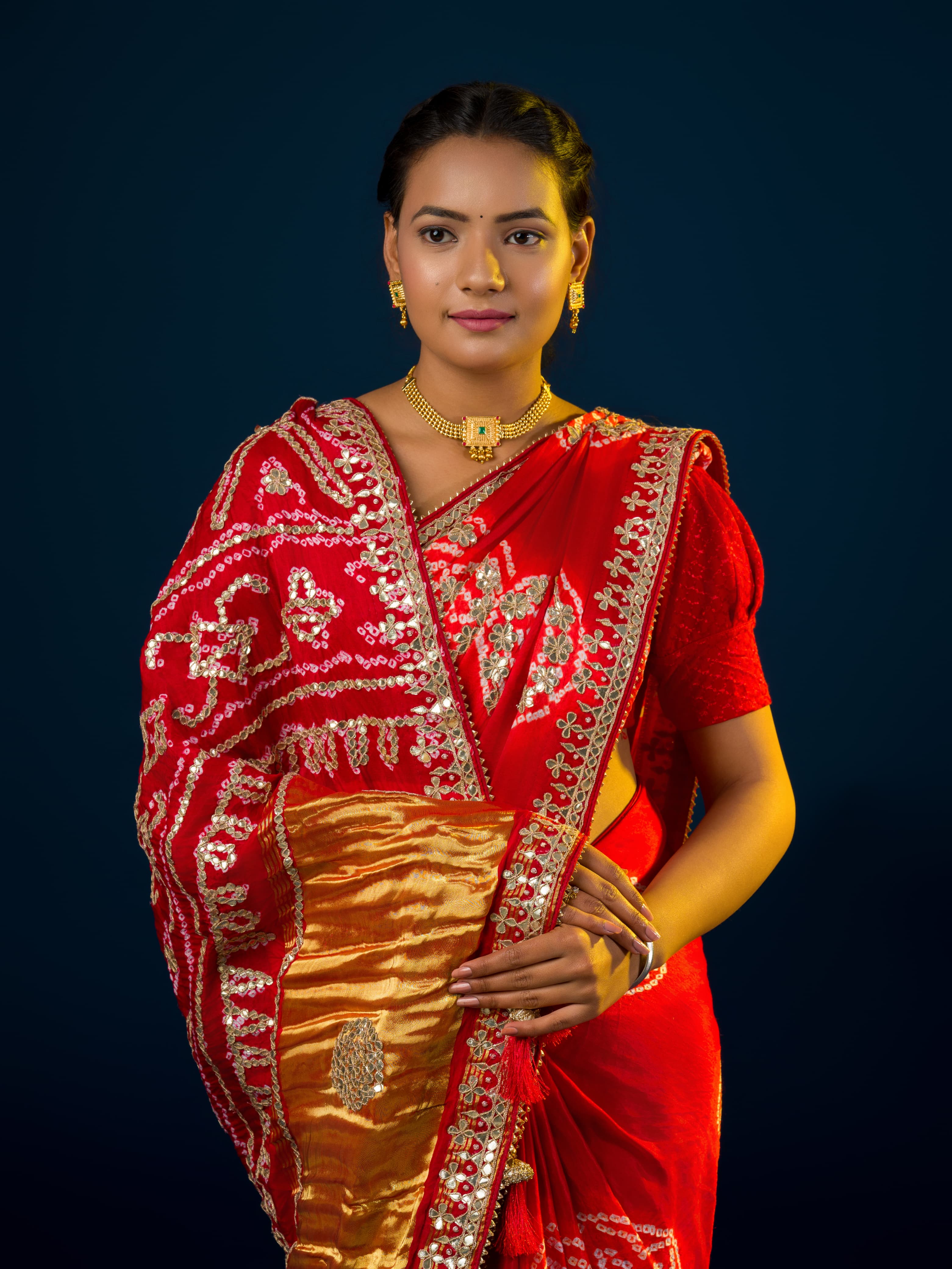 Ared and gold Bandhani saree