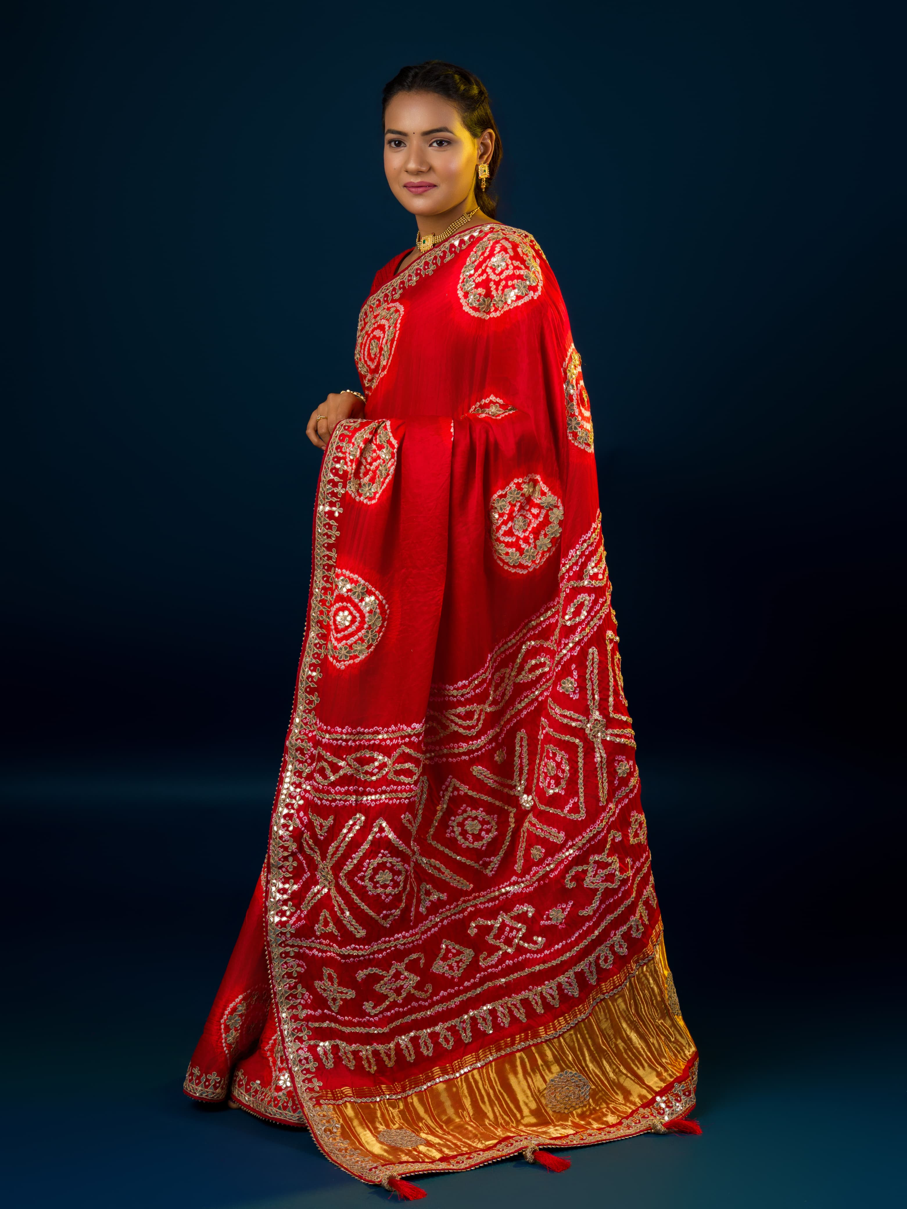 Ared and gold Bandhani saree
