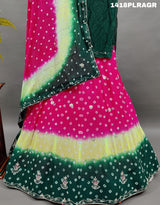 A traditional Indian lehenga with multicolor bandhani