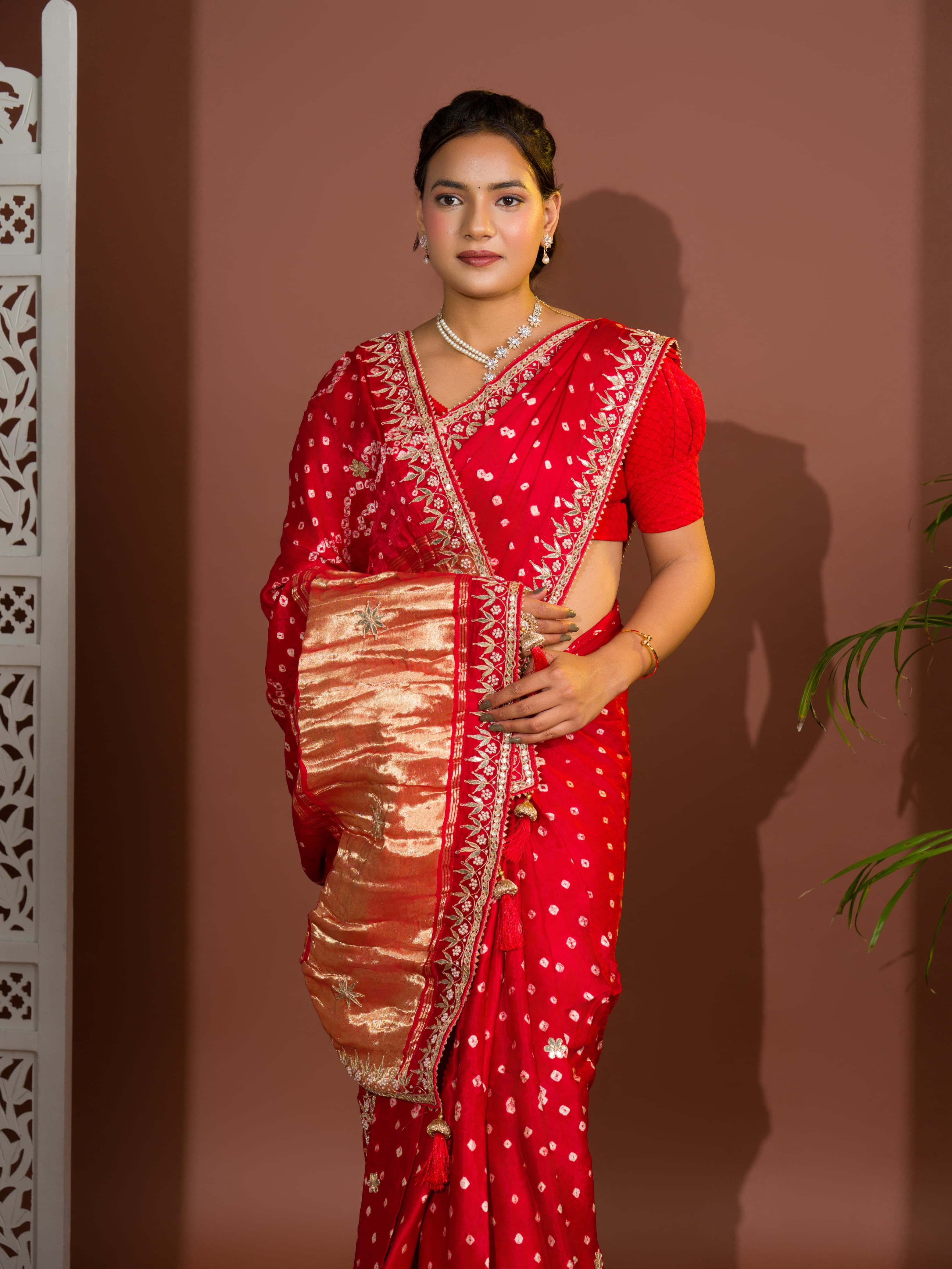 By Modal Gaji Silk Bandhej Gotapatti Work Saree