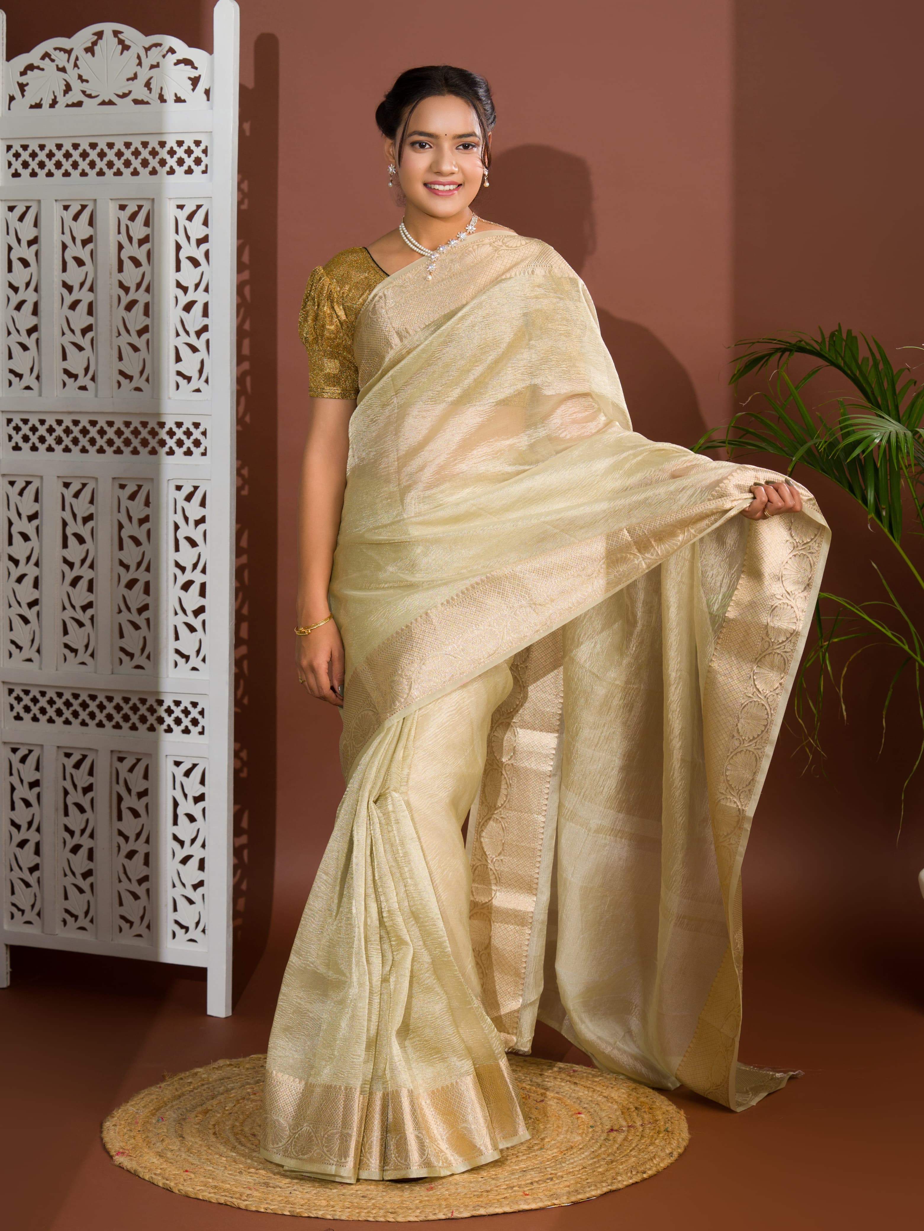 KcPc pure Tissue Silk Banarasi Handloom Zari Border saree INA