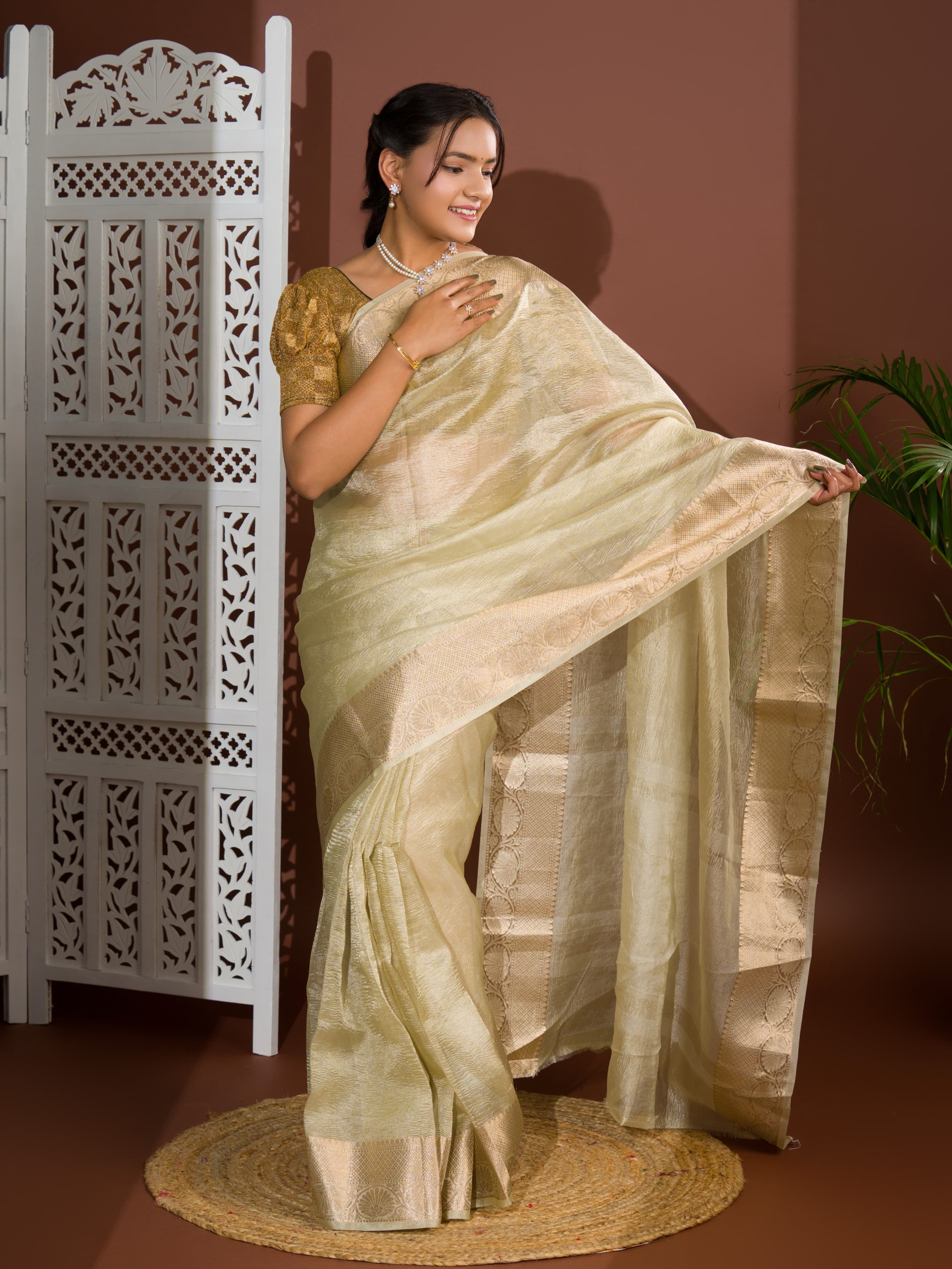 KcPc pure Tissue Silk Banarasi Handloom Zari Border saree INA