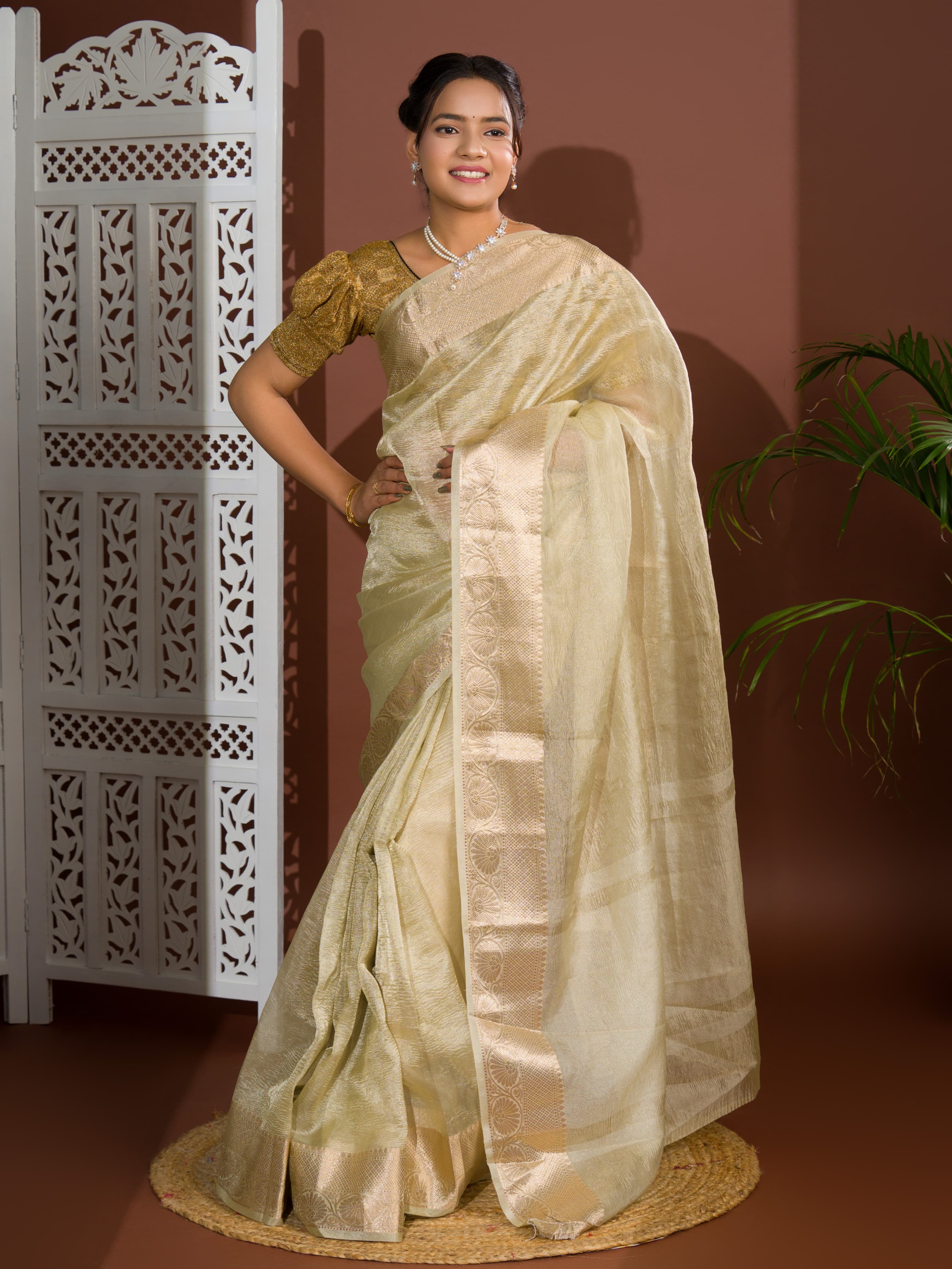 KcPc pure Tissue Silk Banarasi Handloom Zari Border saree INA