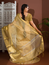 A golden Banarasi handloom saree with tissue silk