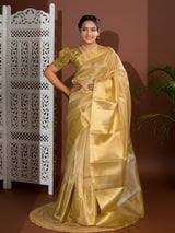 A golden Banarasi handloom saree with tissue silk
