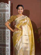 tissue silk Banarasi saree with zari weaving, in orange and yellow colors