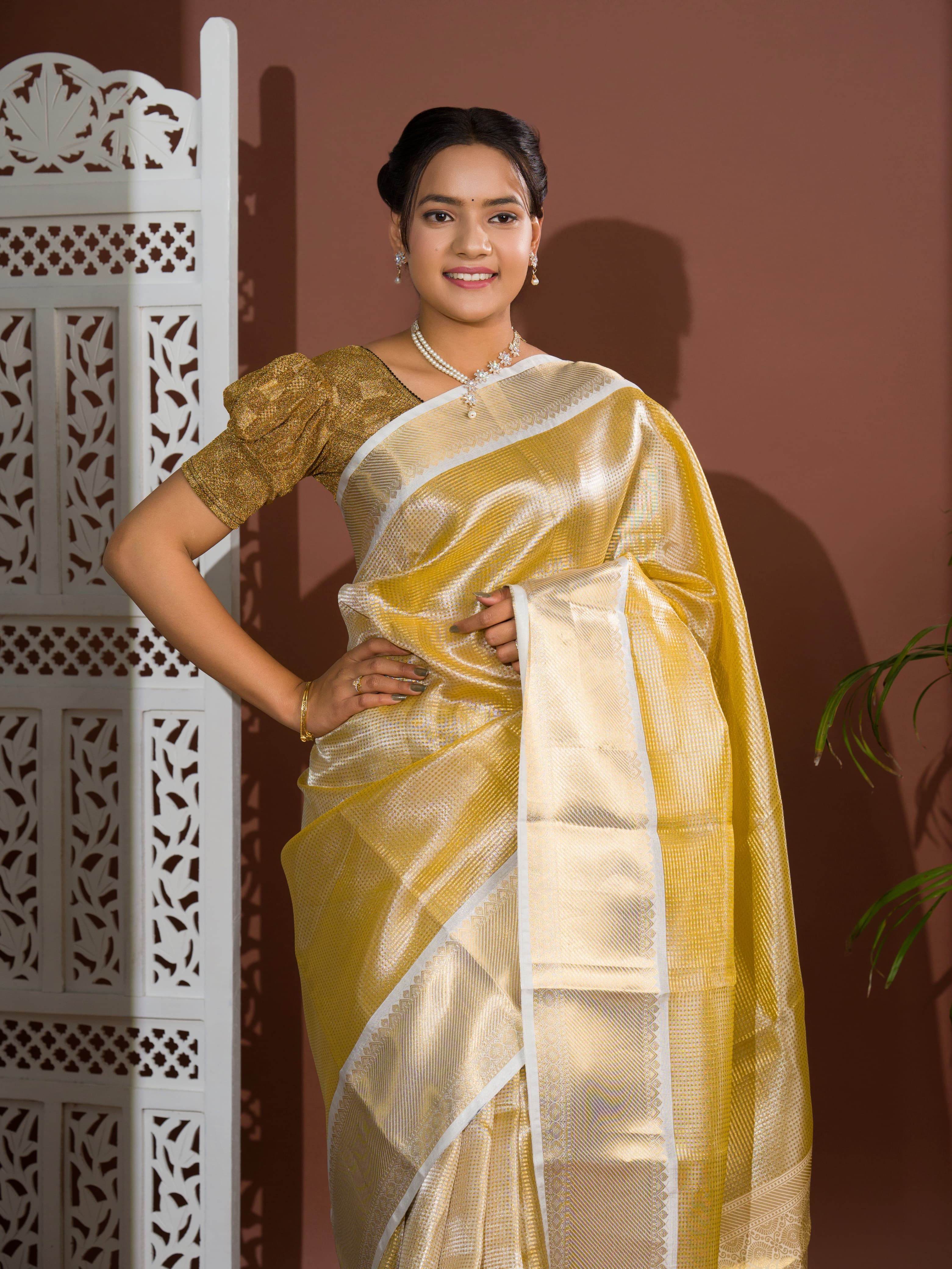tissue silk Banarasi saree with zari weaving, in orange and yellow colors